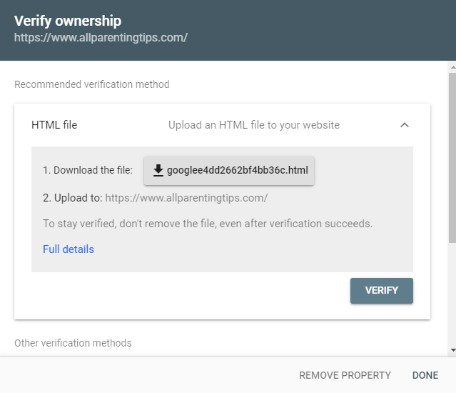 verify your site on Google search console